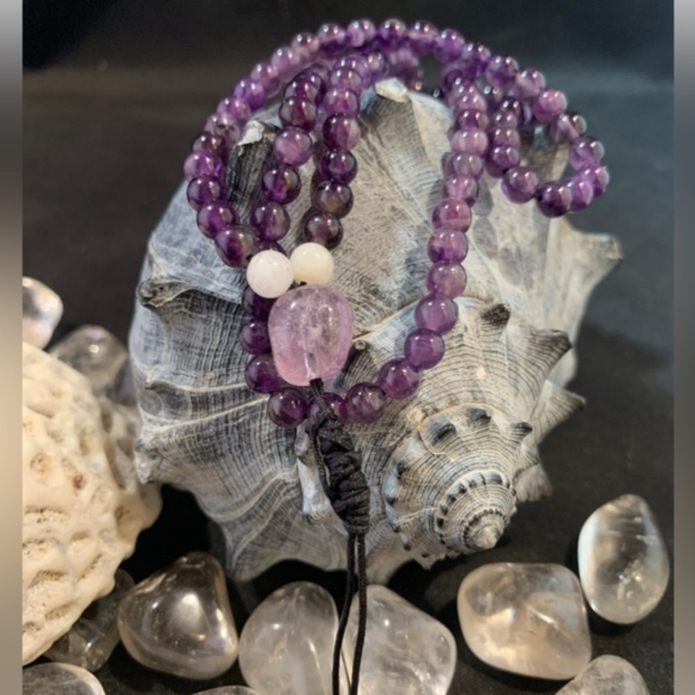 Purple Amethyst and Moonstone Handmade Nylon Cord Adjustable Bead Mala 108